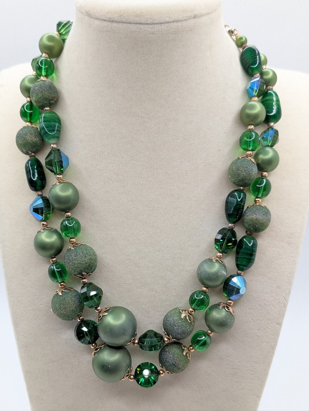 Vendome Green Glass Double Strand Necklace